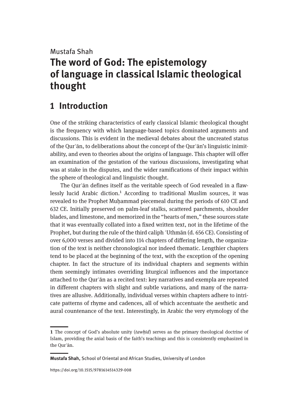 The Epistemology of Language in Classical Islamic Theological Thought