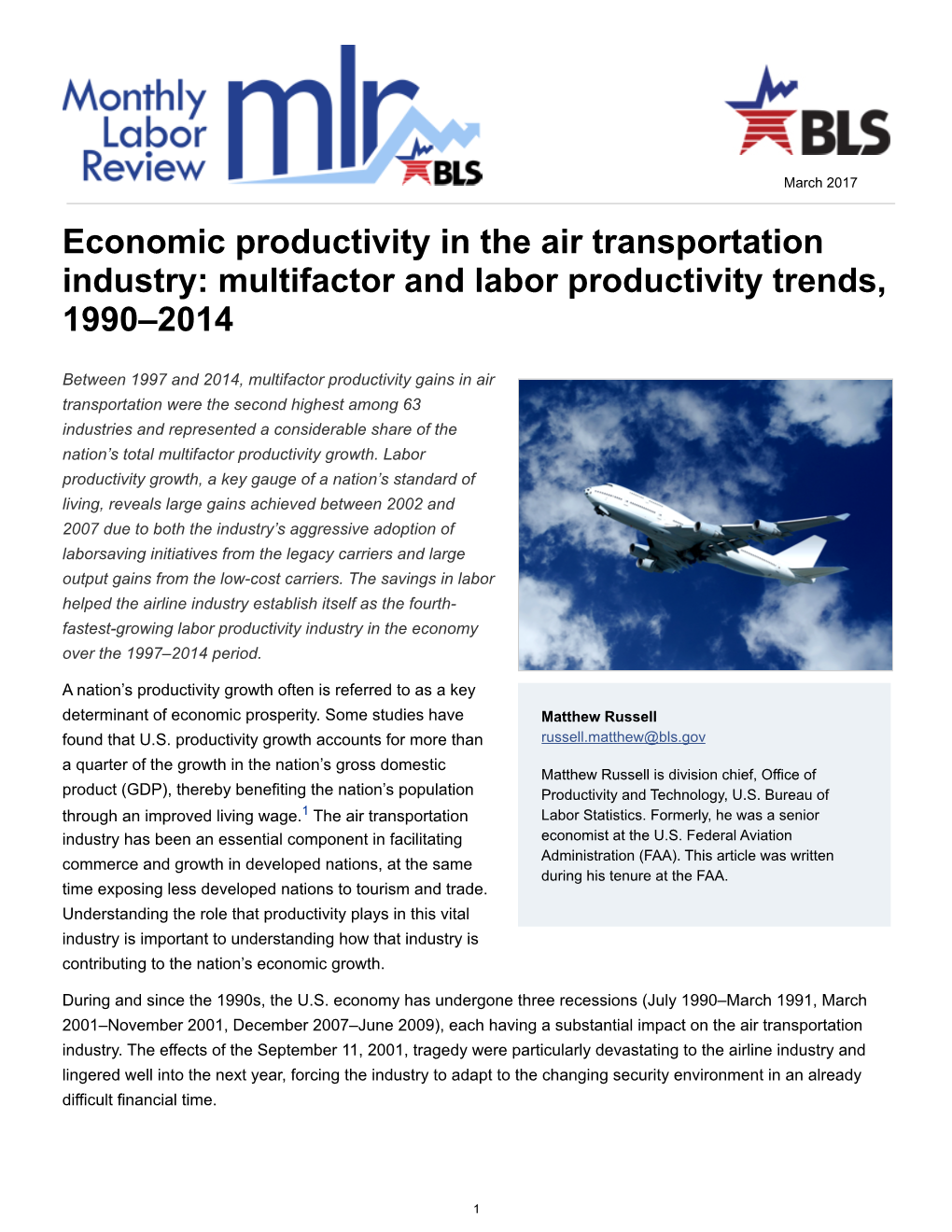 Economic Productivity in the Air Transportation Industry: Multifactor and Labor Productivity Trends, 1990–2014