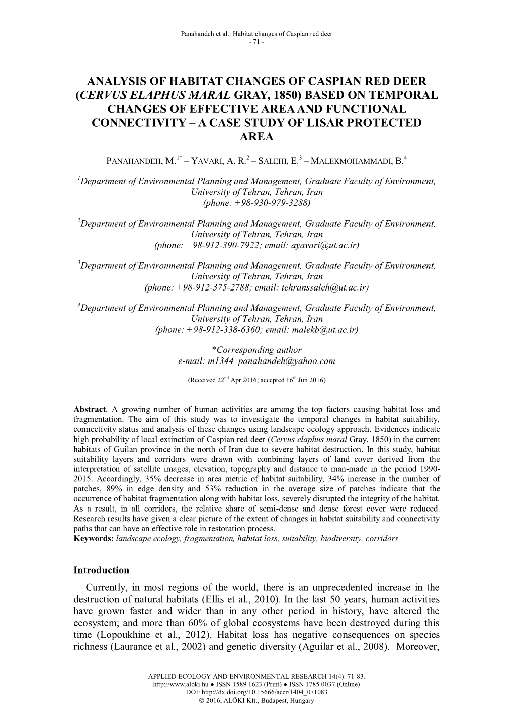 Analysis of Habitat Changes of Caspian Red Deer