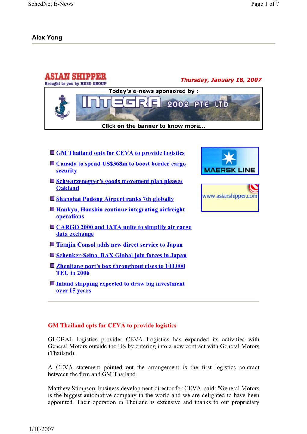 Alex Yong Page 1 of 7 Schednet E-News 1/18/2007 GM Thailand