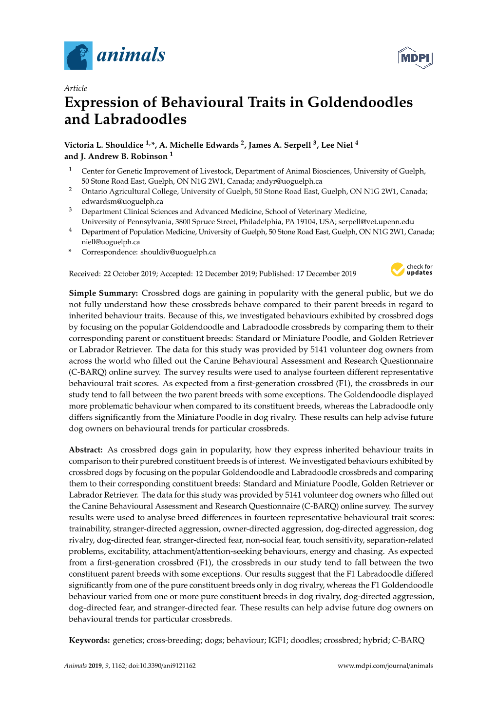 Expression of Behavioural Traits in Goldendoodles and Labradoodles