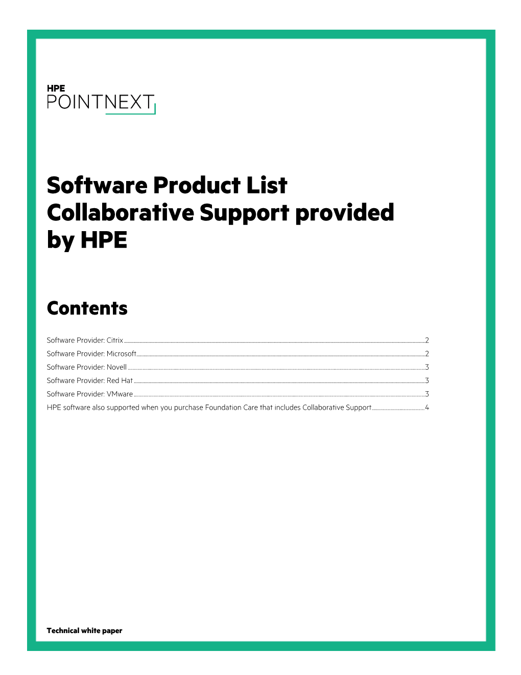 Software Product List Collaborative Support Provided by HPE Technical