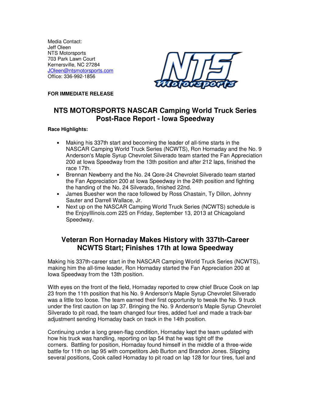 NTS MOTORSPORTS NASCAR Camping World Truck Series Post-Race Report - Iowa Speedway Race Highlights