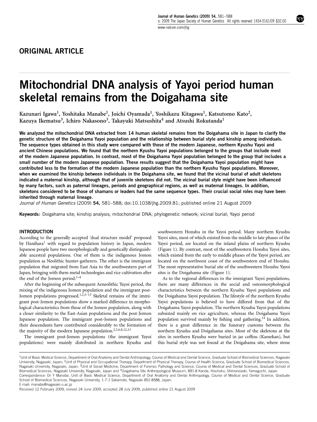 Mitochondrial DNA Analysis of Yayoi Period Human Skeletal Remains from the Doigahama Site