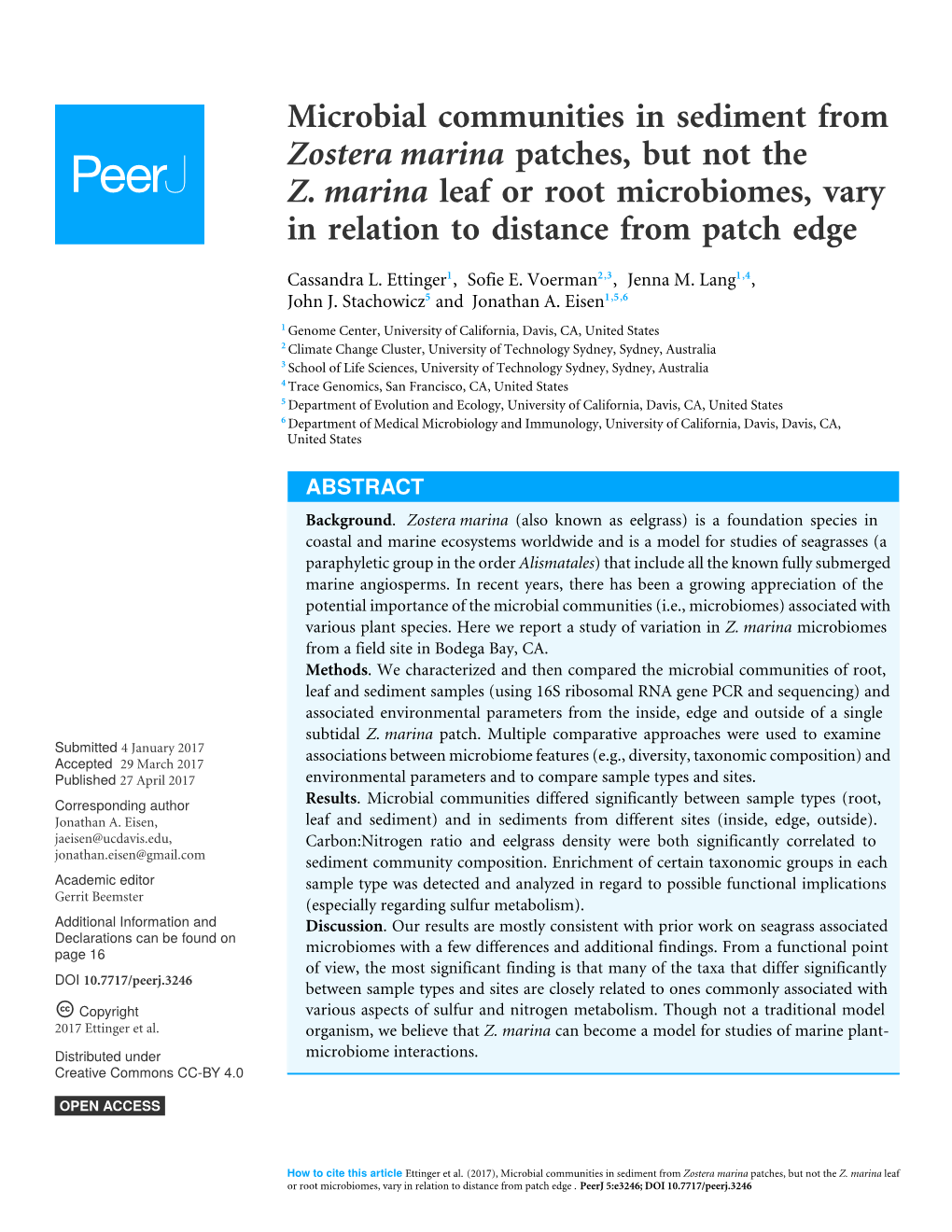 Microbial Communities in Sediment from Zostera Marina Patches, but Not the Z. Marina Leaf Or Root Microbiomes, Vary in Relation to Distance from Patch Edge