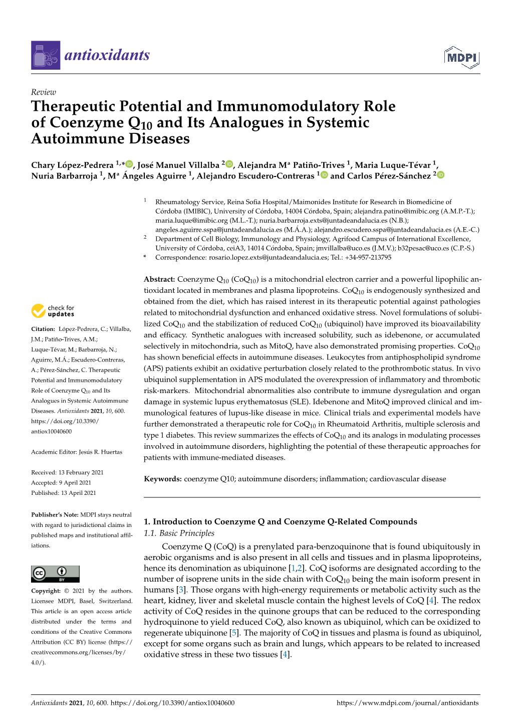 Therapeutic Potential and Immunomodulatory Role of Coenzyme Q10 and Its Analogues in Systemic Autoimmune Diseases