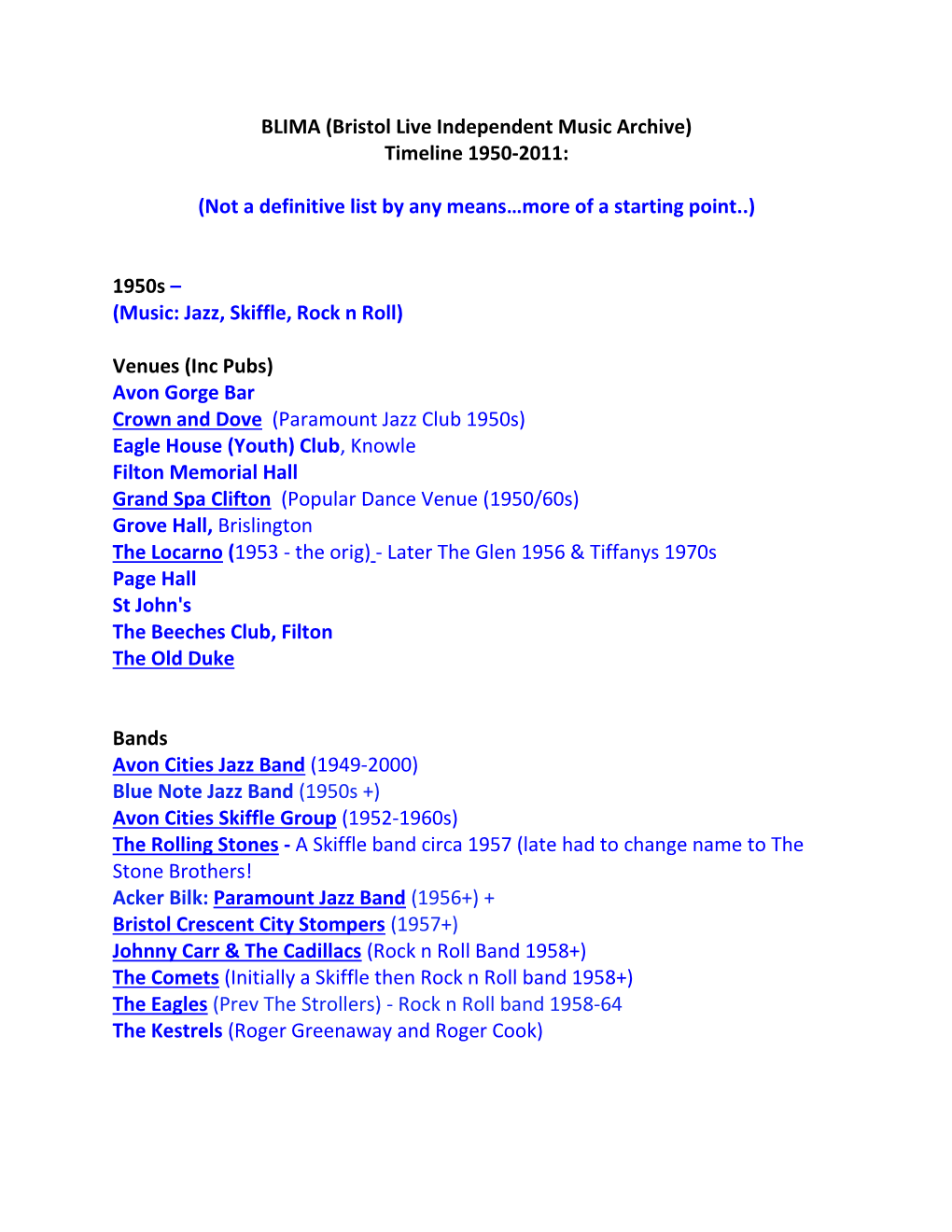 BLIMA (Bristol Live Independent Music Archive) Timeline 1950-2011