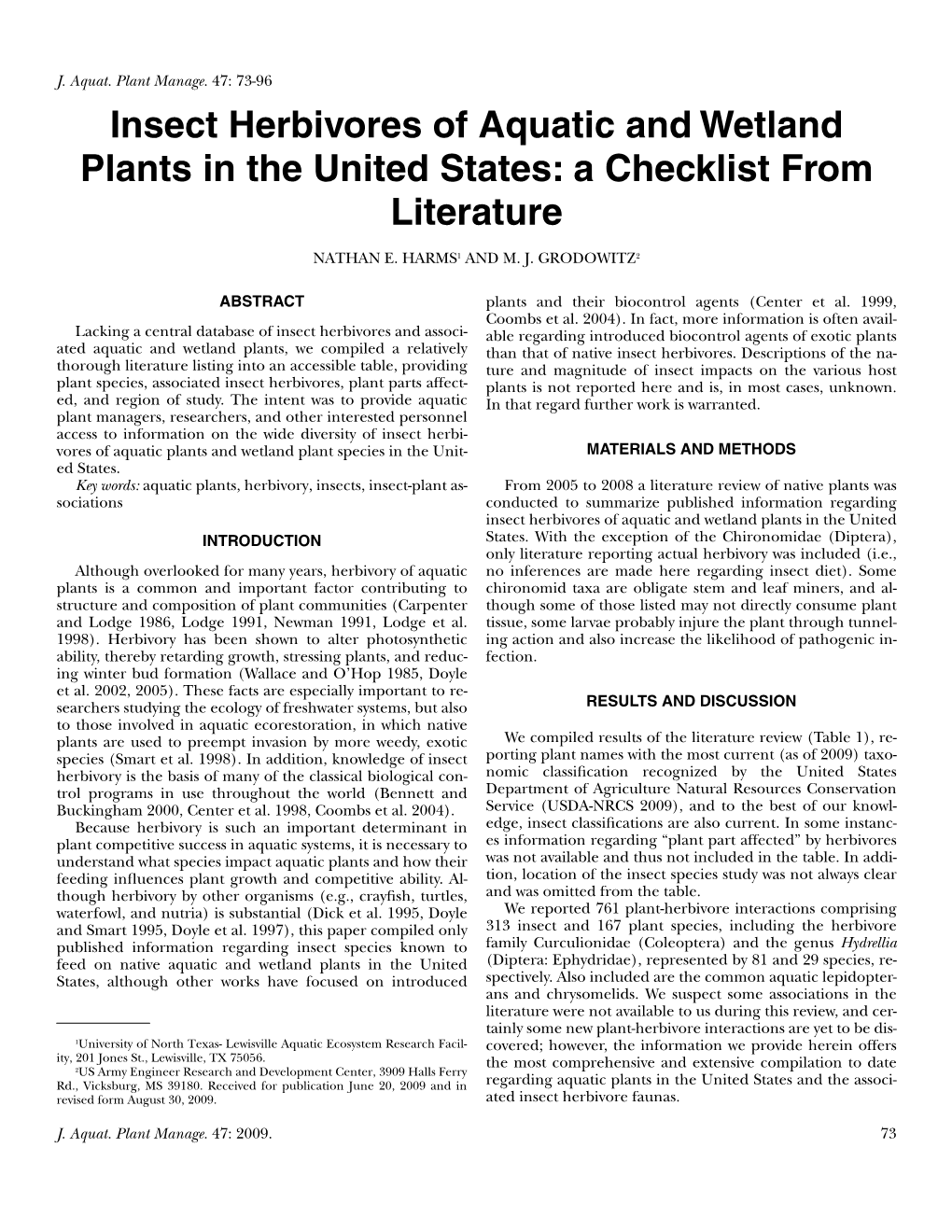 Insect Herbivores of Aquatic and Wetland Plants in the United States: a Checklist from Literature