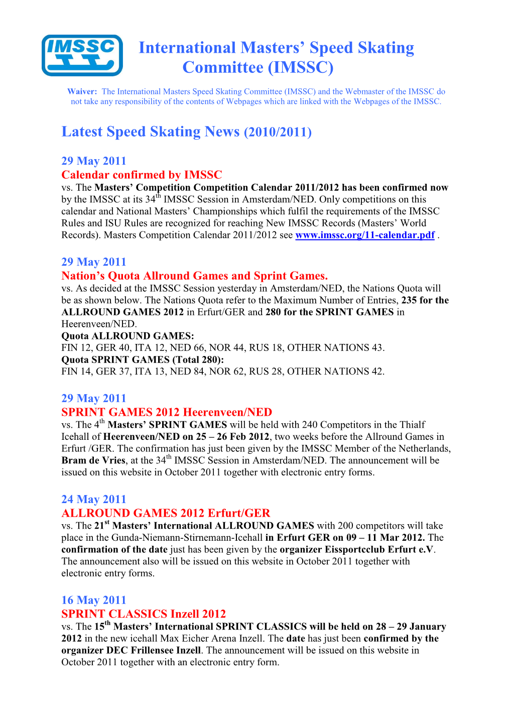 International Masters' Speed Skating Committee (IMSSC)