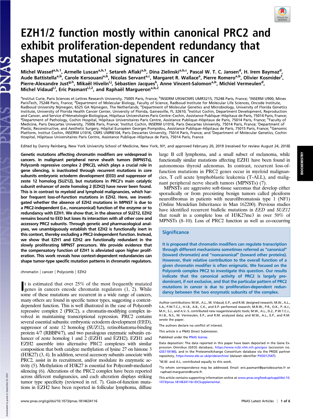 EZH1/2 Function Mostly Within Canonical PRC2 and Exhibit Proliferation-Dependent Redundancy That Shapes Mutational Signatures in Cancer