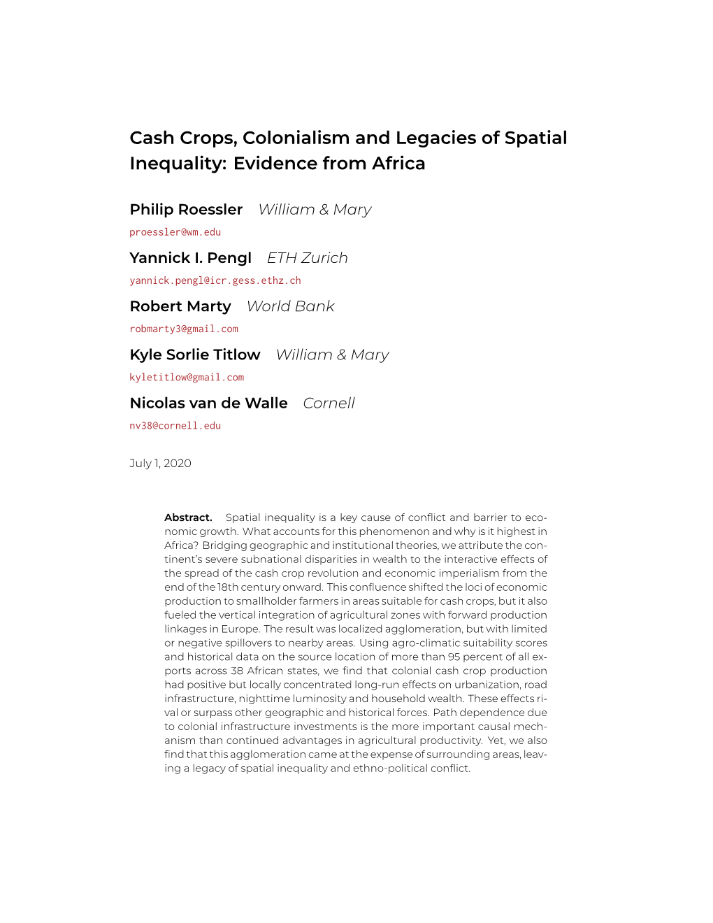 Cash Crops, Colonialism and Legacies of Spatial Inequality: Evidence from Africa