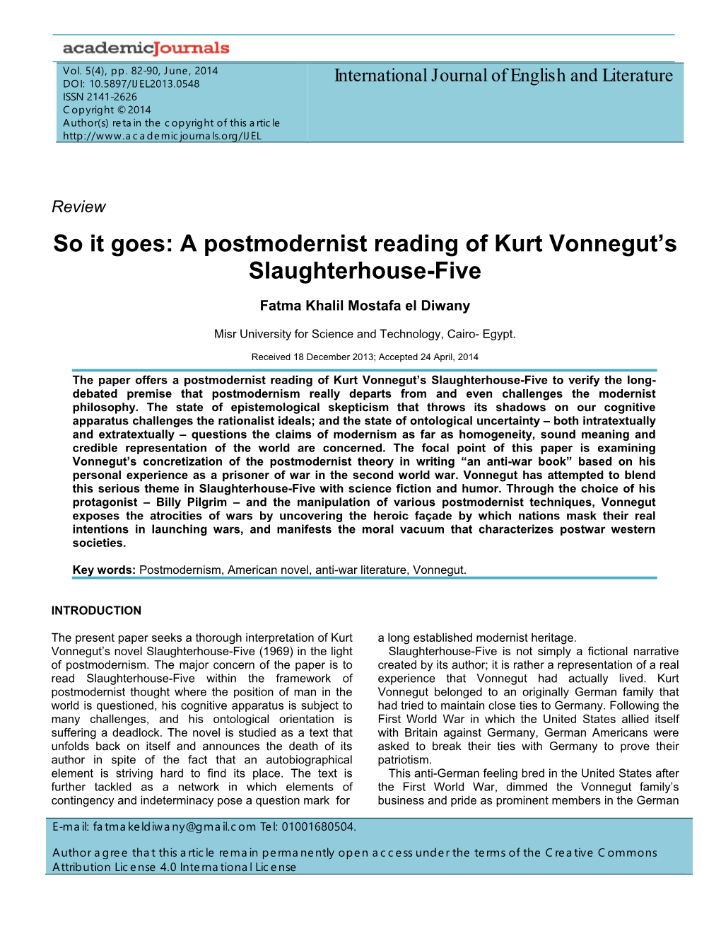 A Postmodernist Reading of Kurt Vonnegut's