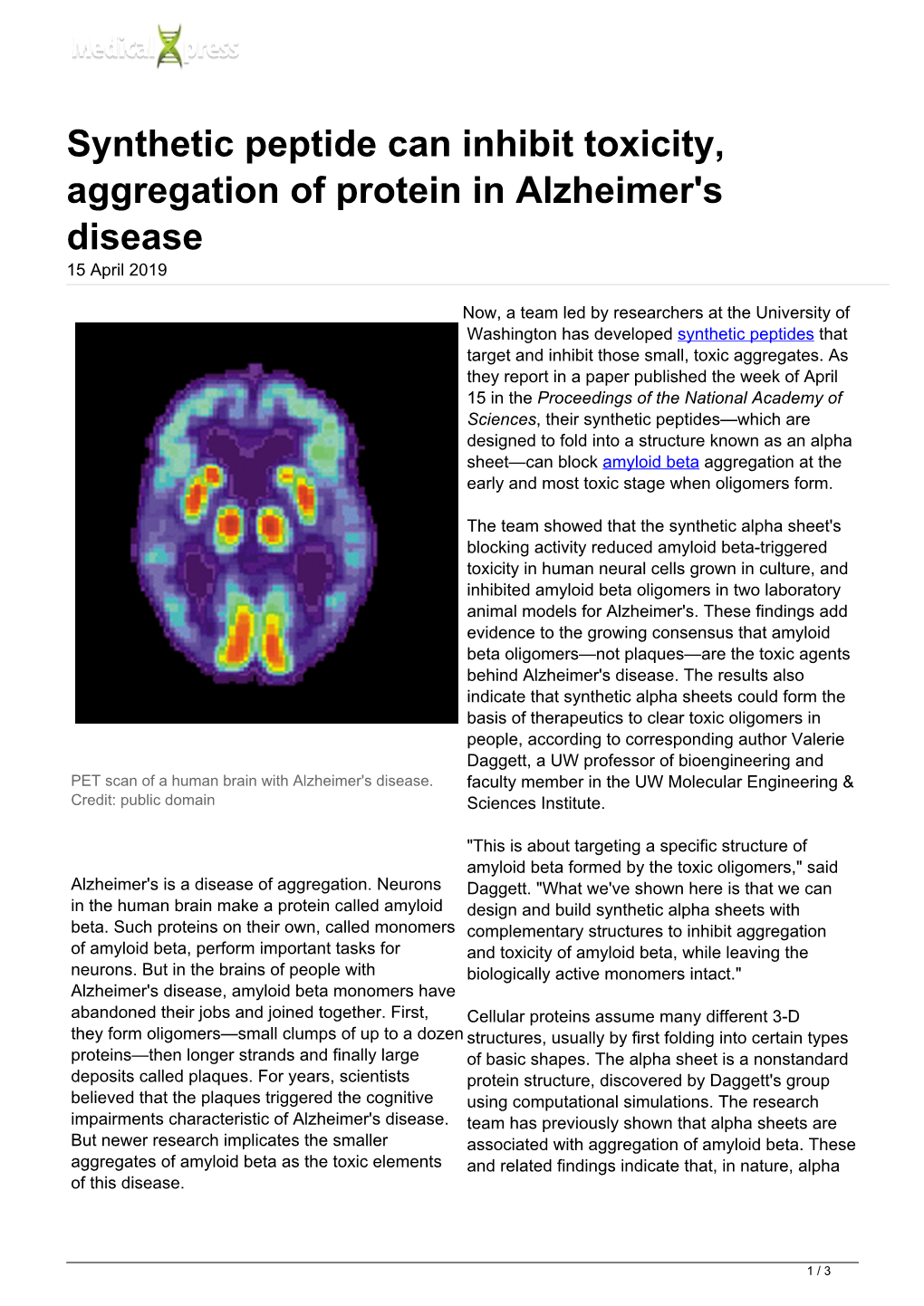 Synthetic Peptide Can Inhibit Toxicity, Aggregation of Protein in Alzheimer's Disease 15 April 2019