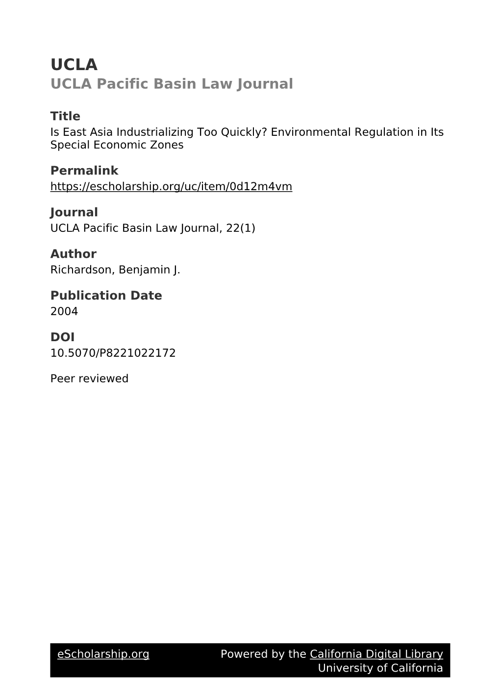 Is East Asia Industrializing Too Quickly? Environmental Regulation in Its Special Economic Zones