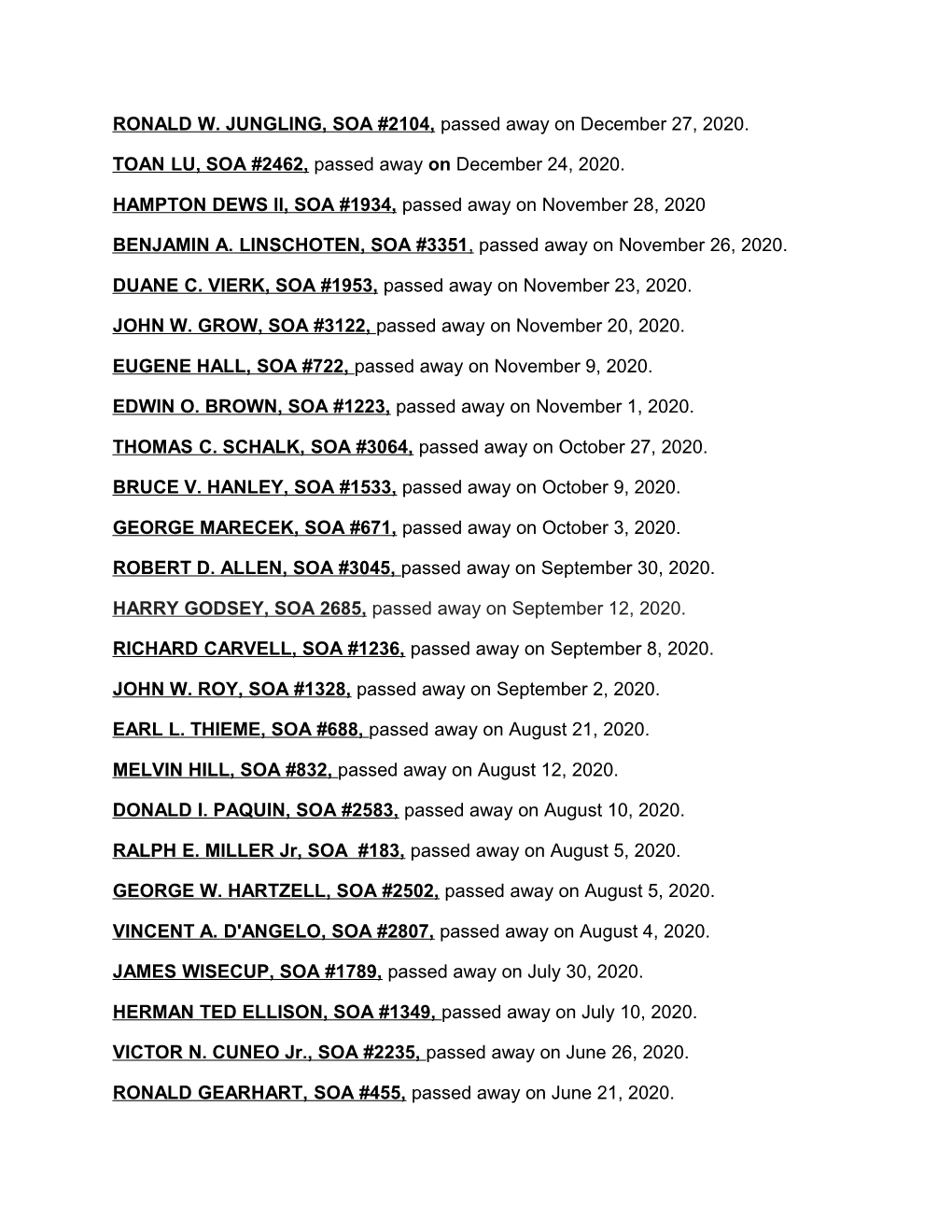 RONALD W. JUNGLING, SOA #2104, Passed Away on December 27, 2020