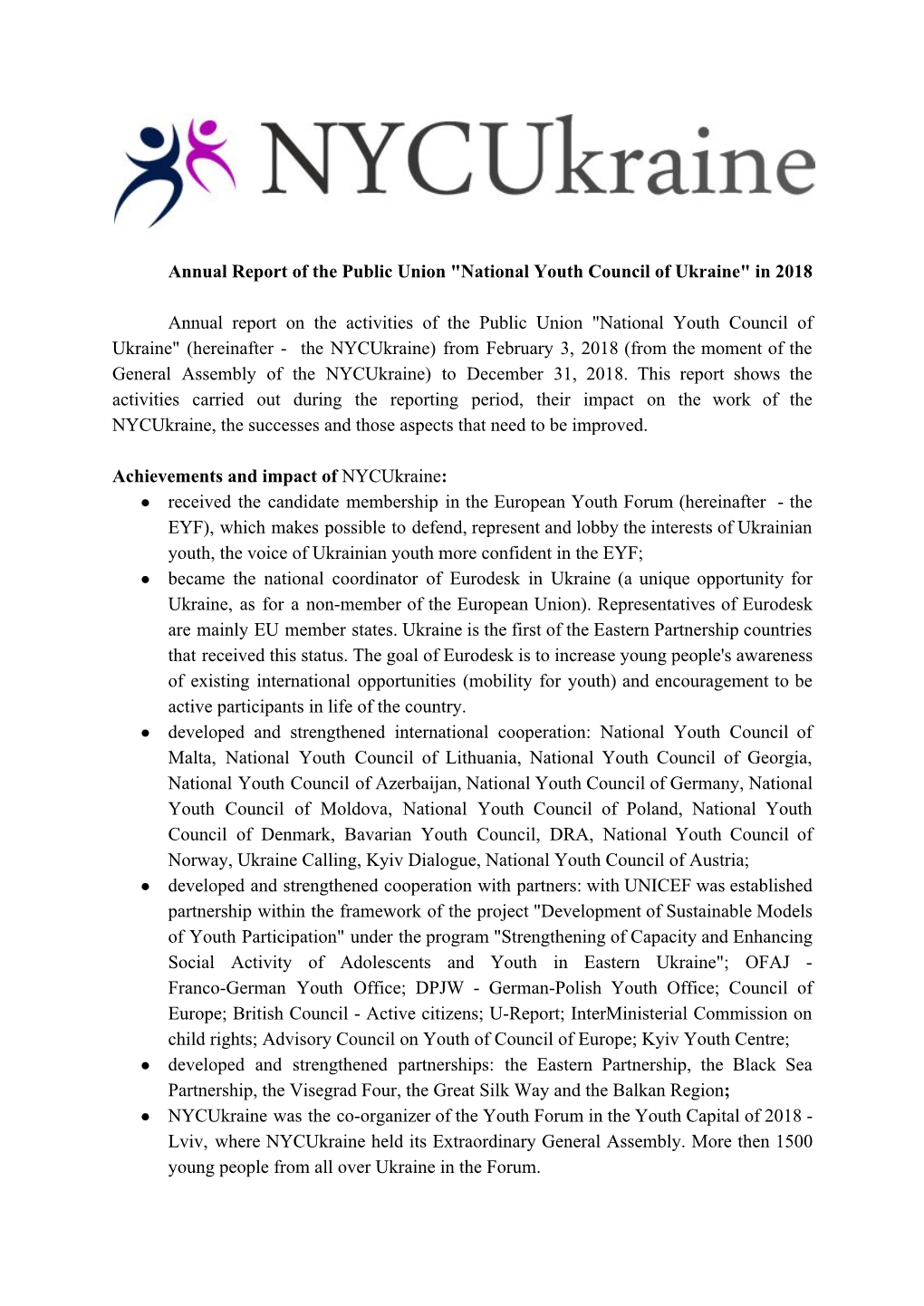 Annual Report of the Public Union "National Youth Council of Ukraine" in 2018 Annual Report on the Activities of the P