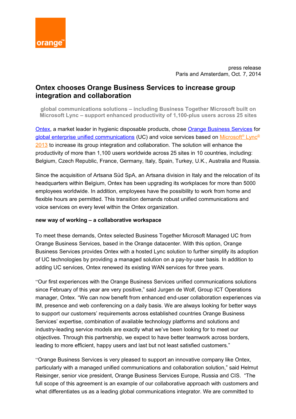 Ontex Chooses Orange Business Services to Increase Group Integration and Collaboration