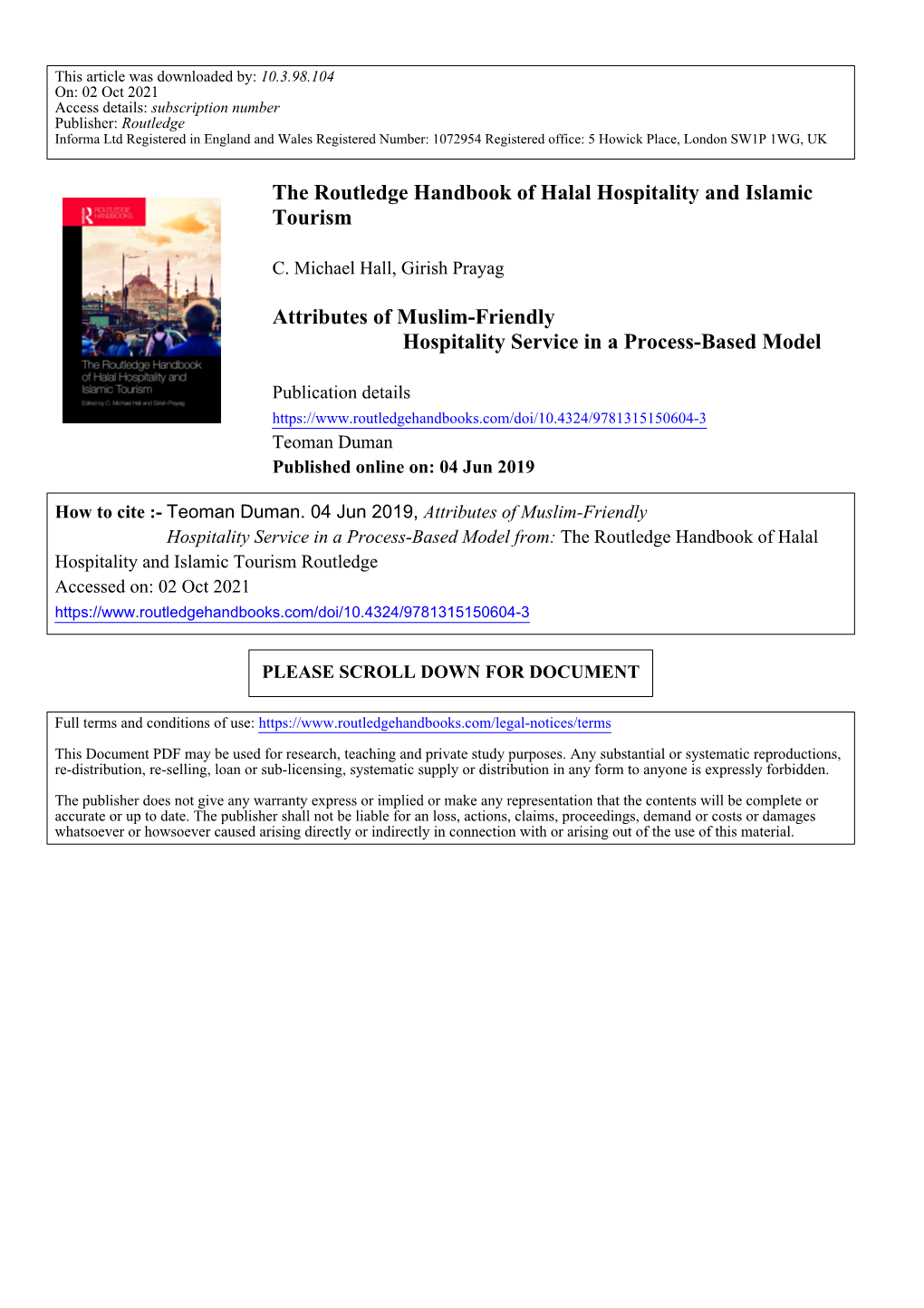 The Routledge Handbook of Halal Hospitality and Islamic Tourism Attributes of Muslim-Friendly Hospitality Service in a Process-B