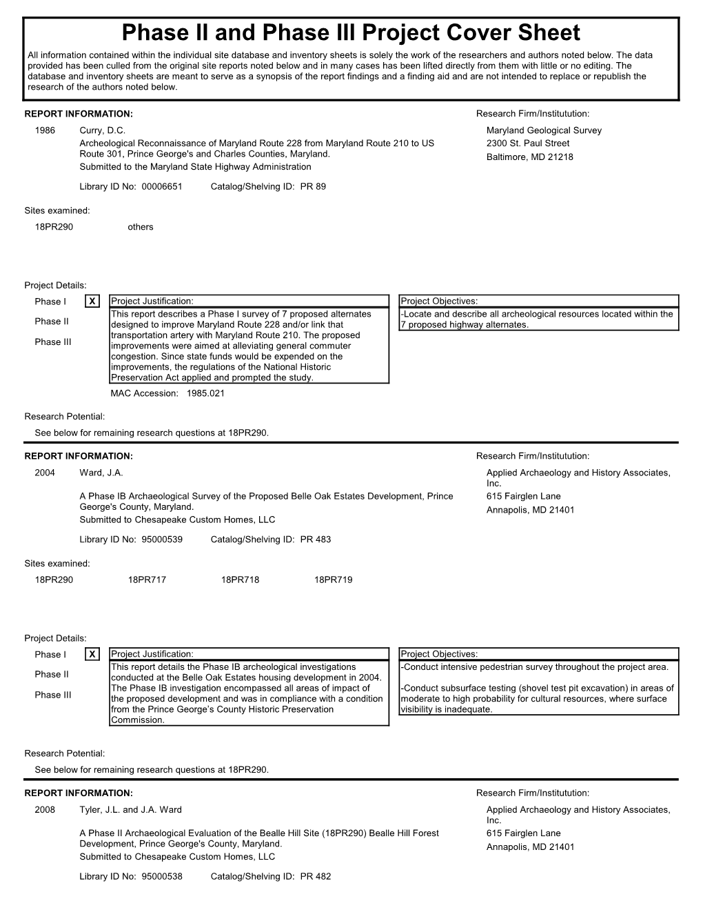 Phase II and Phase III Project Cover Sheet