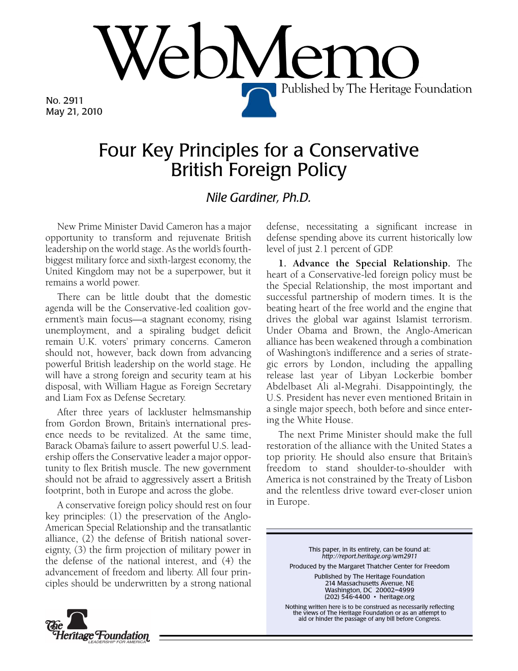 Four Key Principles for a Conservative British Foreign Policy Nile Gardiner, Ph.D