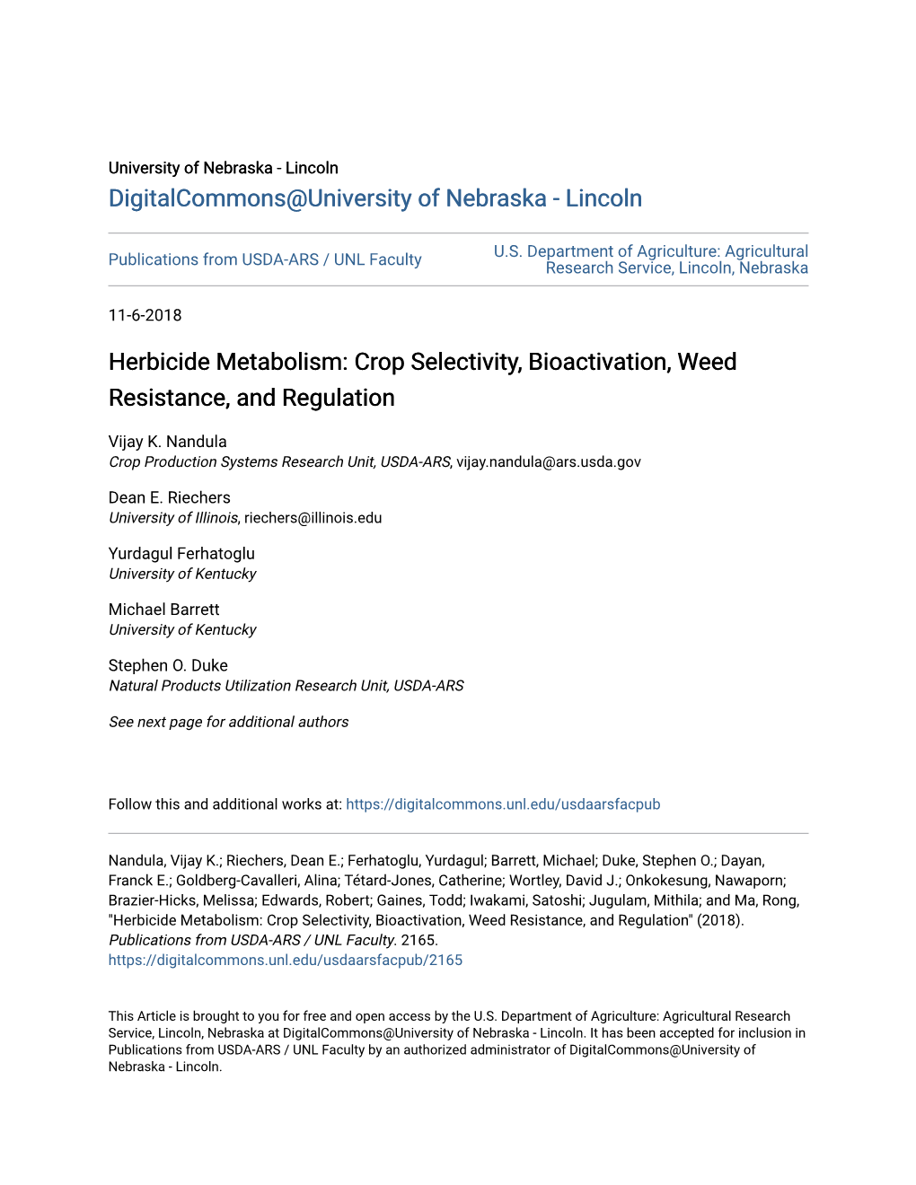 Herbicide Metabolism: Crop Selectivity, Bioactivation, Weed Resistance, and Regulation