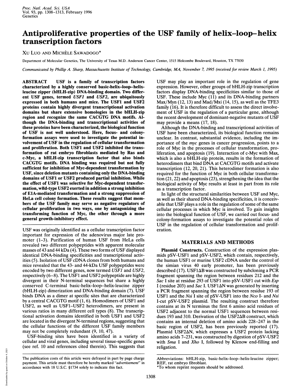 Antiproliferative Properties of the USF Family of Helix-Loop-Helix