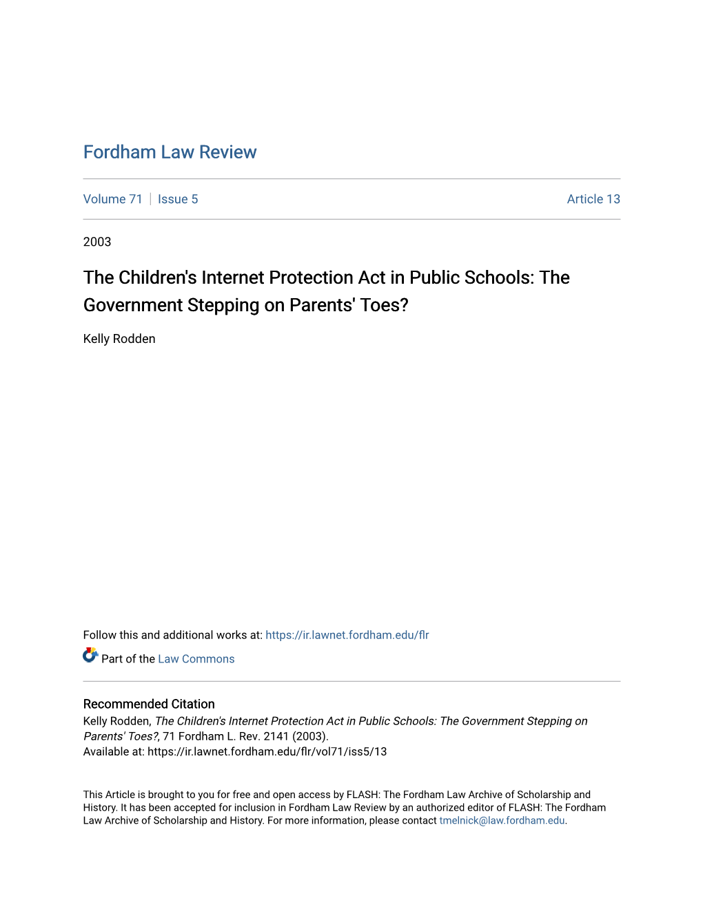 The Children's Internet Protection Act in Public Schools: the Government Stepping on Parents' Toes?