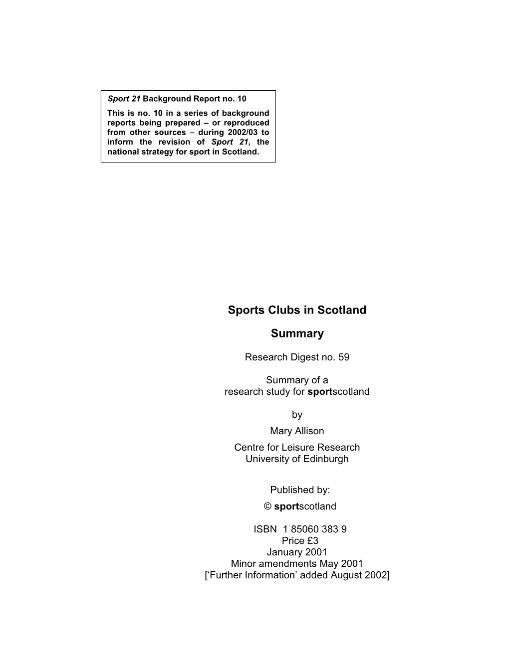 Sports Clubs in Scotland Summary