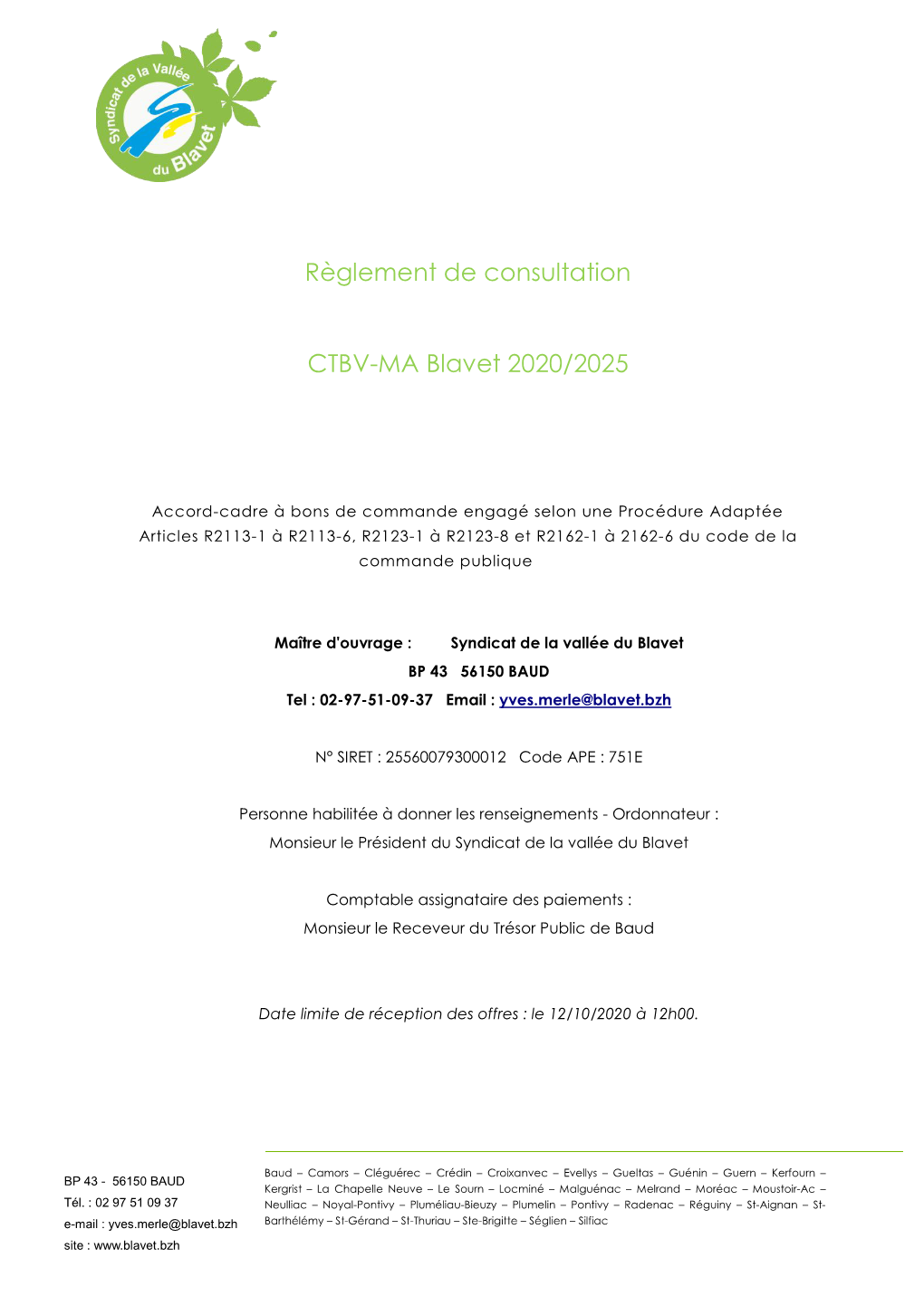 Règlement De Consultation CTBV-MA Blavet 2020/2025