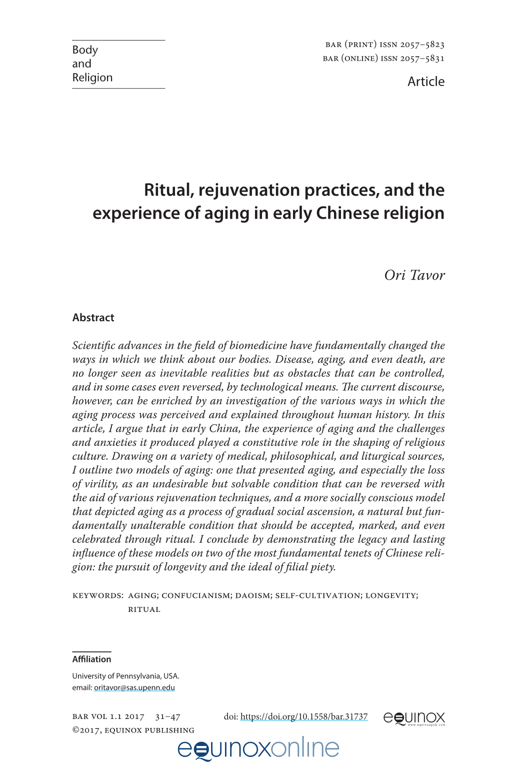 Ritual, Rejuvenation Practices, and the Experience of Aging in Early