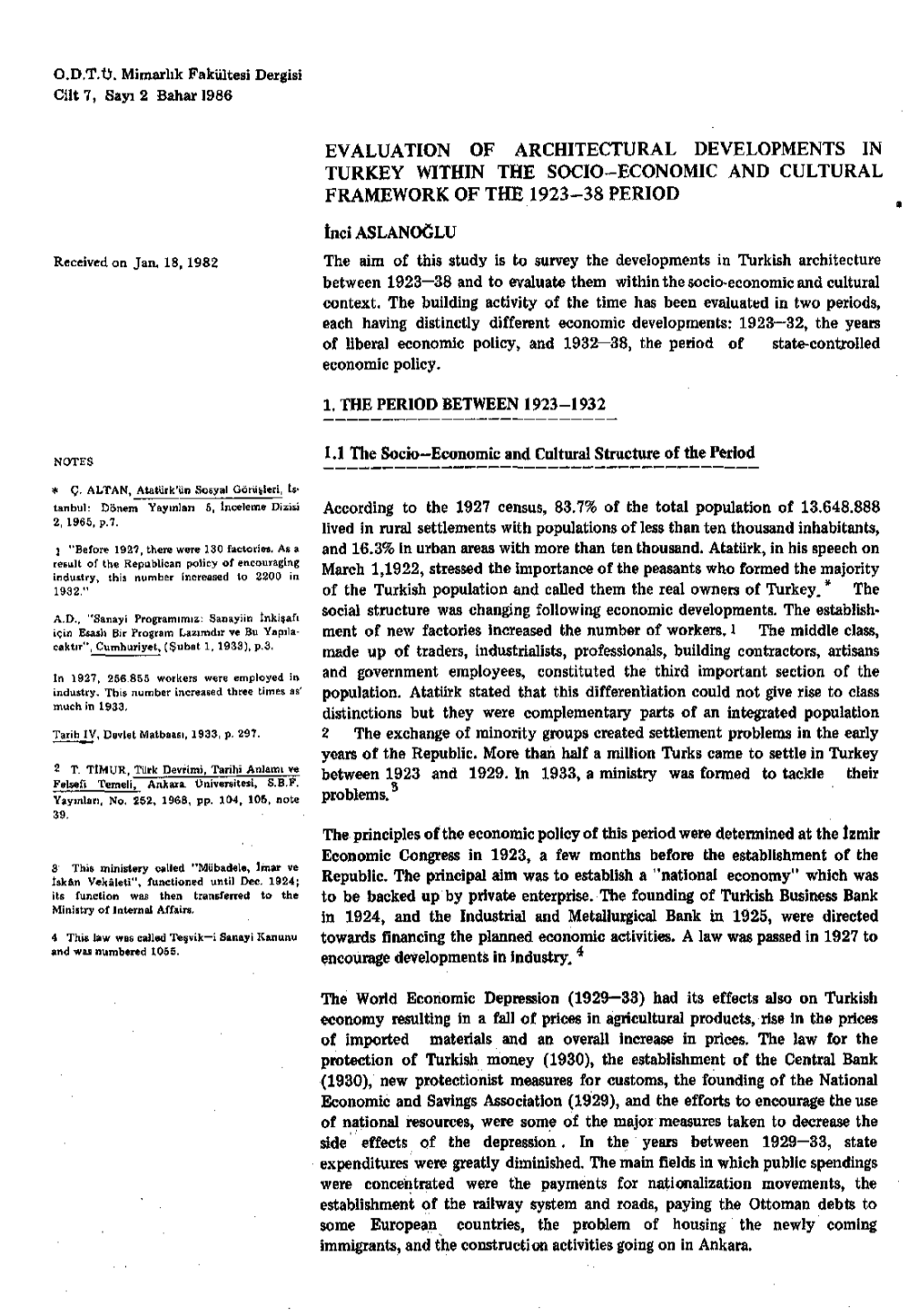 Evaluation of Architectural Developments in Turkey Within the Socio-Economic and Cultural Framework of the 1923-38 Period