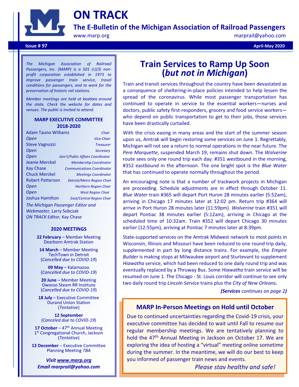 ON TRACK the E-Bulletin of the Michigan Association of Railroad Passengers Marprail@Yahoo.Com