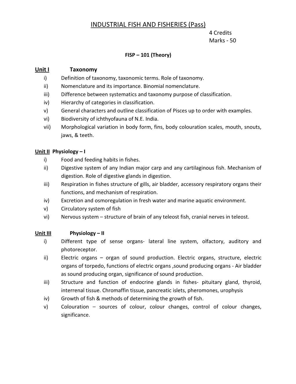 Syllabus Under CBCS for Industrial Fish and Fisheries (Pass)