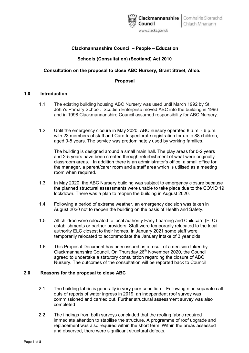 Proposal to Close ABC Nursery, Grant Street, Alloa