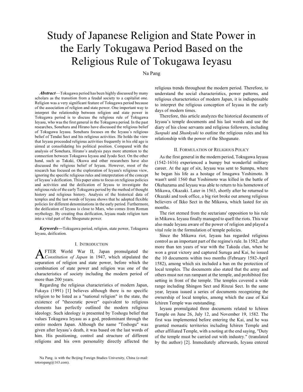 Study of Japanese Religion and State Power in the Early Tokugawa Period Based on the Religious Rule of Tokugawa Ieyasu Na Pang