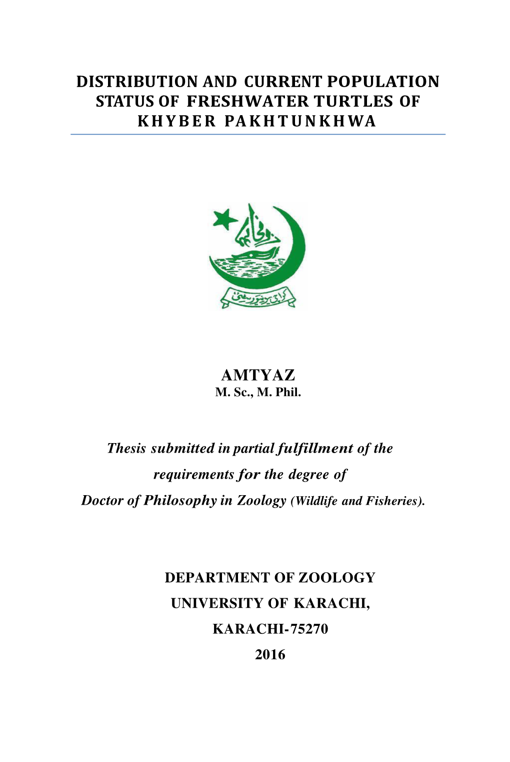 Distribution and Current Population Status of Freshwater Turtles of Khyber Pakhtunkhwa