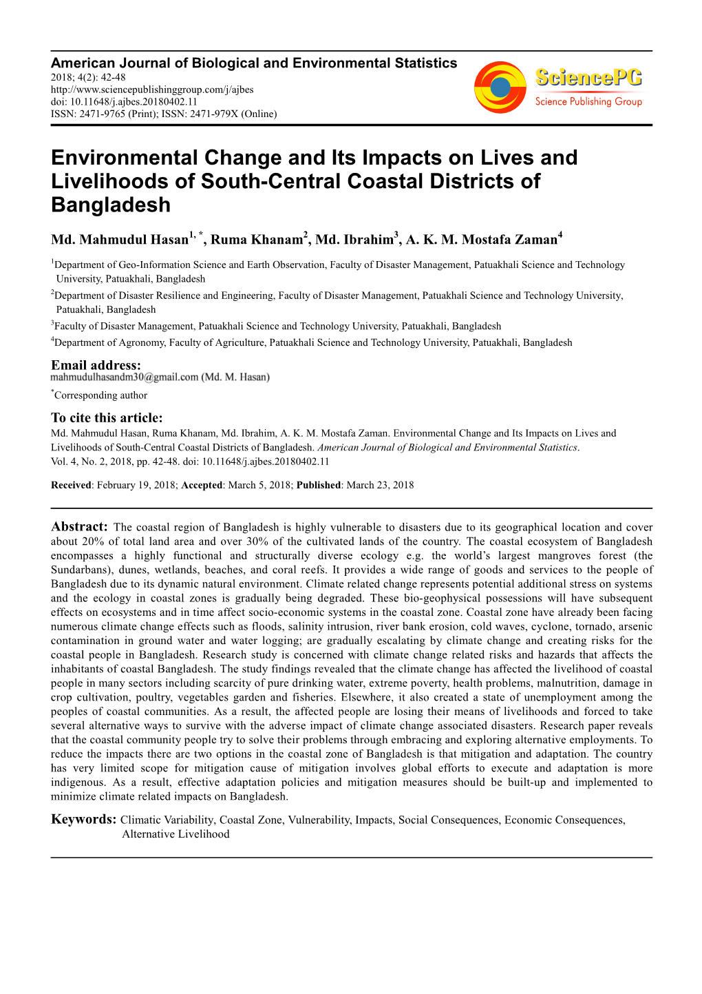 Environmental Change and Its Impacts on Lives and Livelihoods of South-Central Coastal Districts of Bangladesh