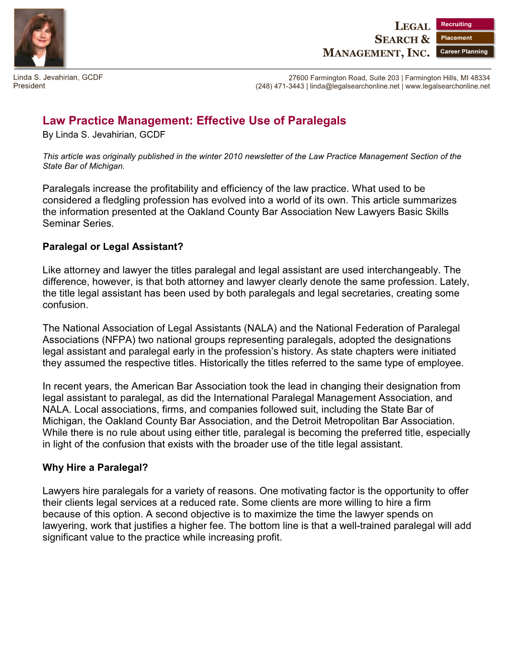 Law Practice Management: Effective Use of Paralegals by Linda S
