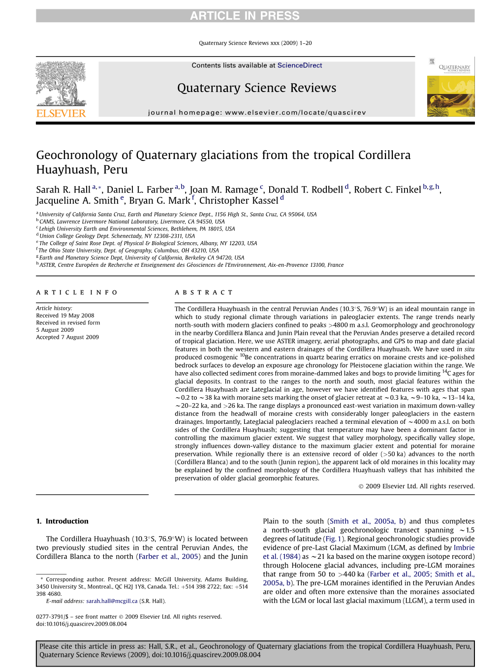 Geochronology of Quaternary Glaciations from the Tropical Cordillera Huayhuash, Peru