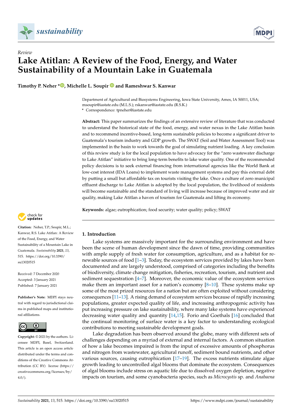 Lake Atitlan: a Review of the Food, Energy, and Water Sustainability of a Mountain Lake in Guatemala