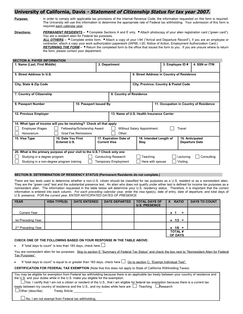 University of California, Davis - Statement of Citizenship Status for Tax Year 2007