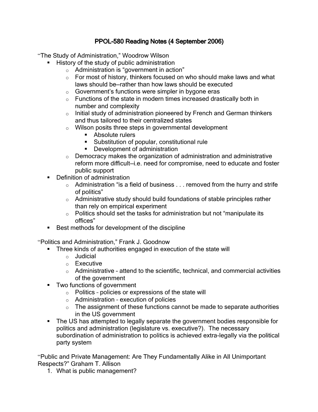 PPOL-580 Reading Notes (4 September 2006)