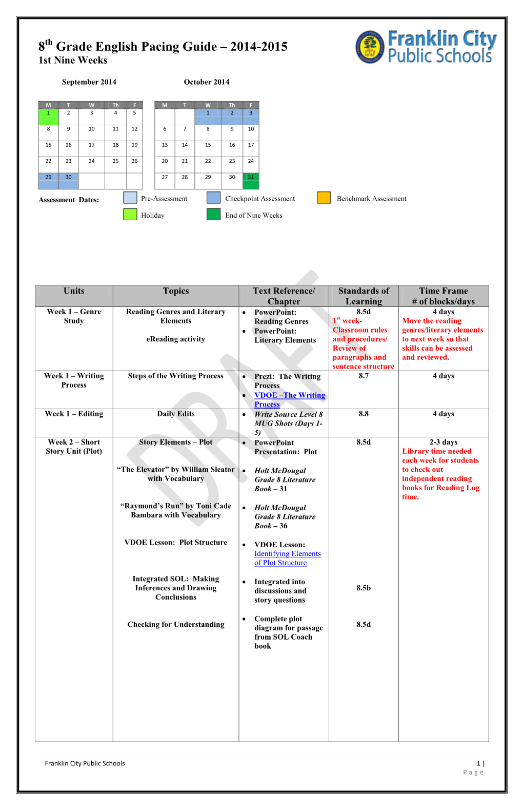 Grade English Pacing Guide – 2014-2015 1St Nine Weeks