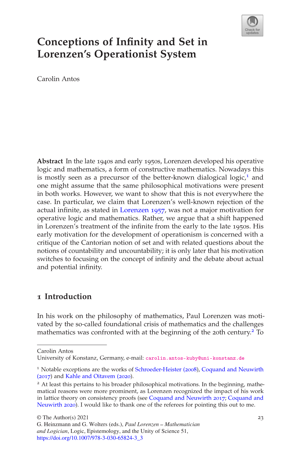 Conceptions of Infinity and Set in Lorenzen's Operationist System