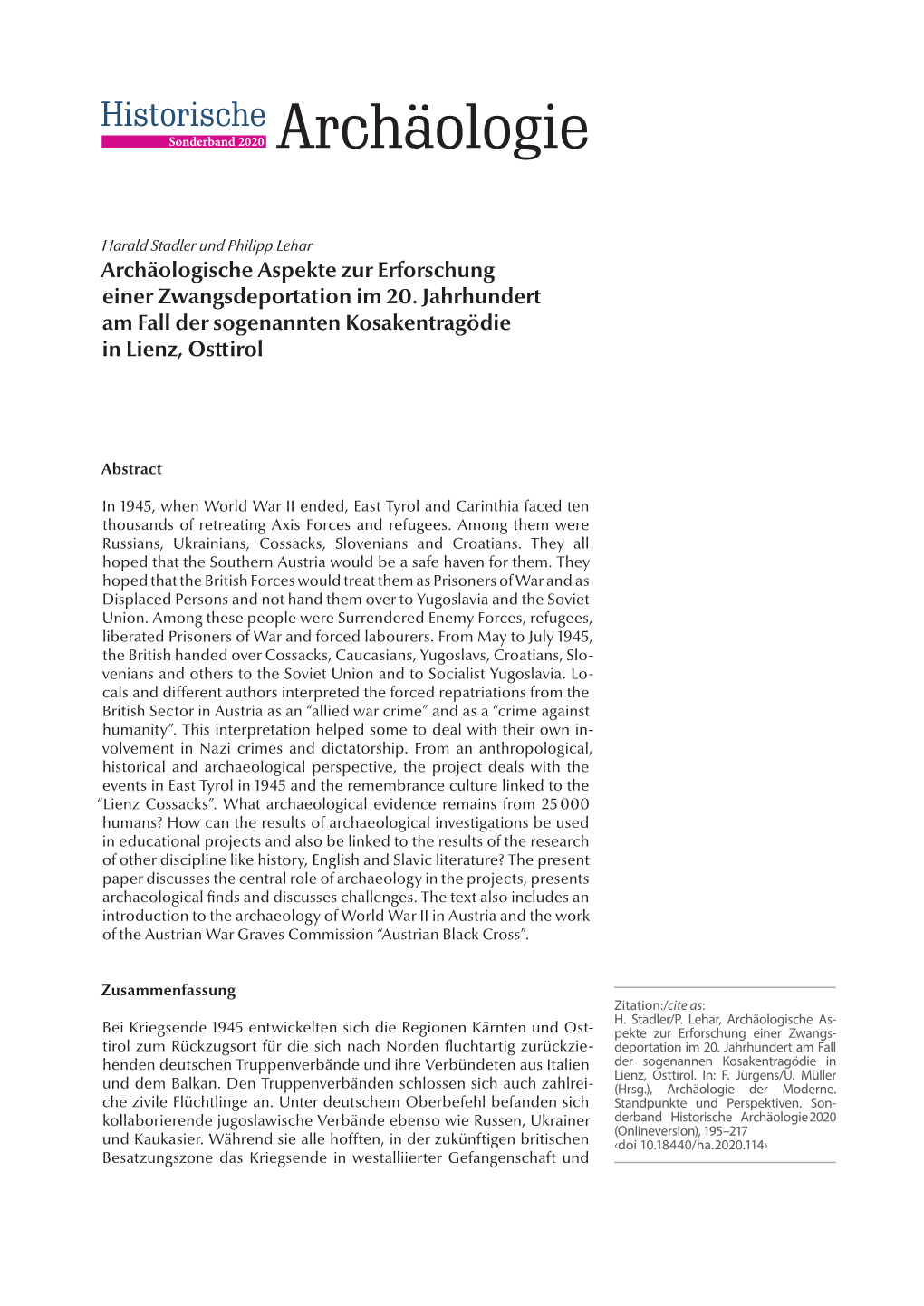 Harald Stadler Und Philipp Lehar Archäologische Aspekte Zur Erforschung Einer Zwangsdeportation Im 20