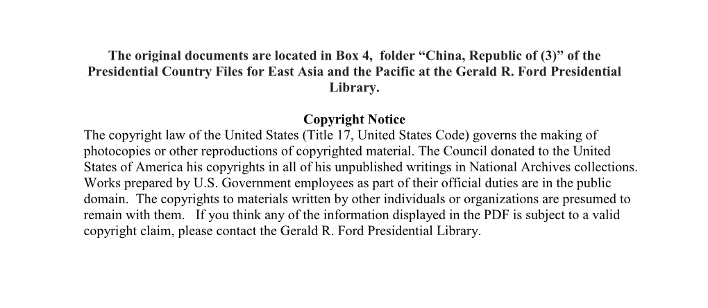 China, Republic of (3)” of the Presidential Country Files for East Asia and the Pacific at the Gerald R