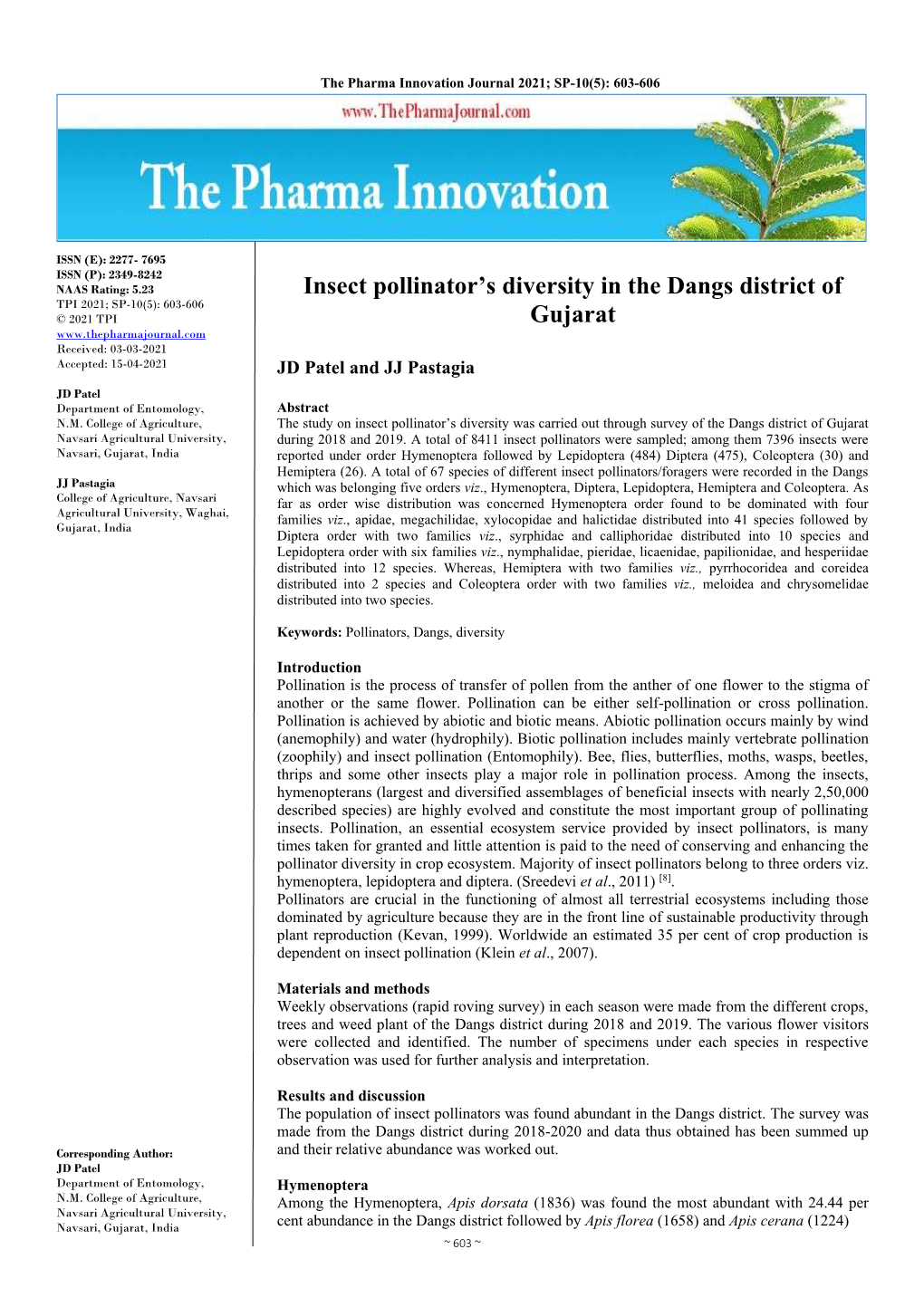 Insect Pollinator's Diversity in the Dangs District of Gujarat