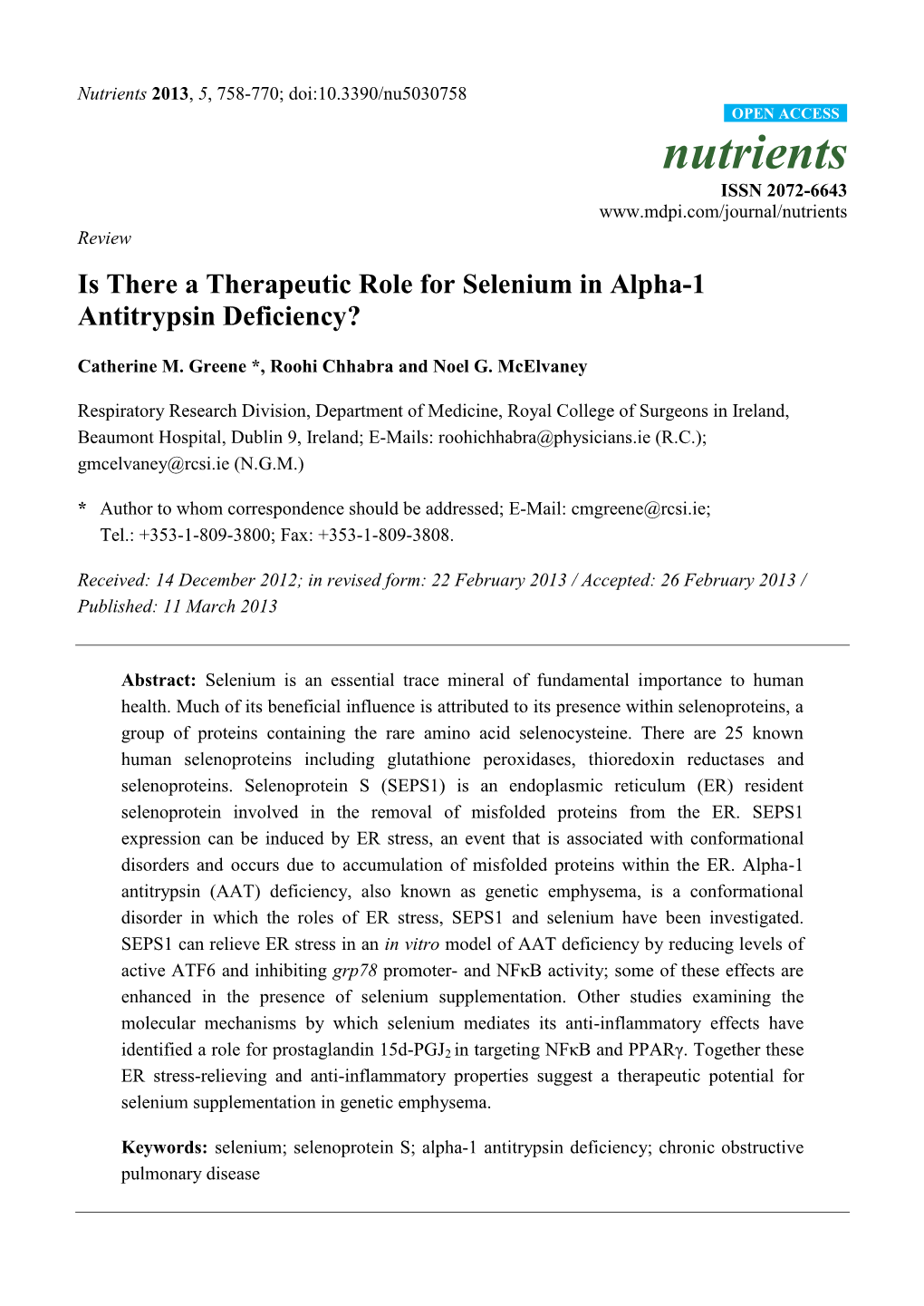 Is There a Therapeutic Role for Selenium in Alpha-1 Antitrypsin Deficiency?