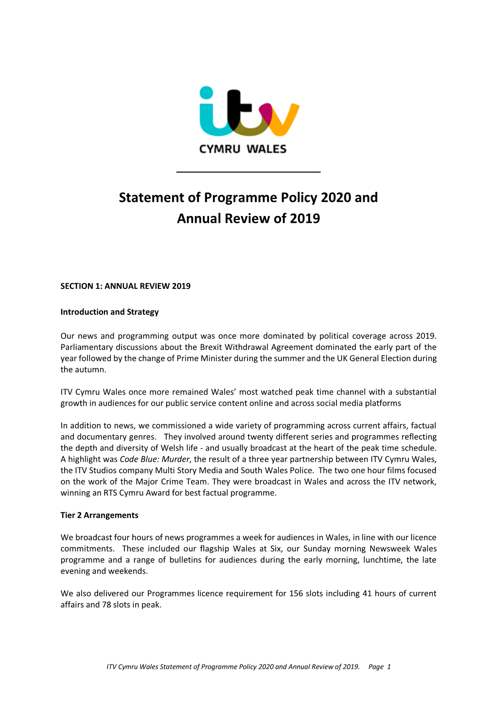 ITV Cymru Wales Statement of Programme Policy 2020 and Annual Review of 2019