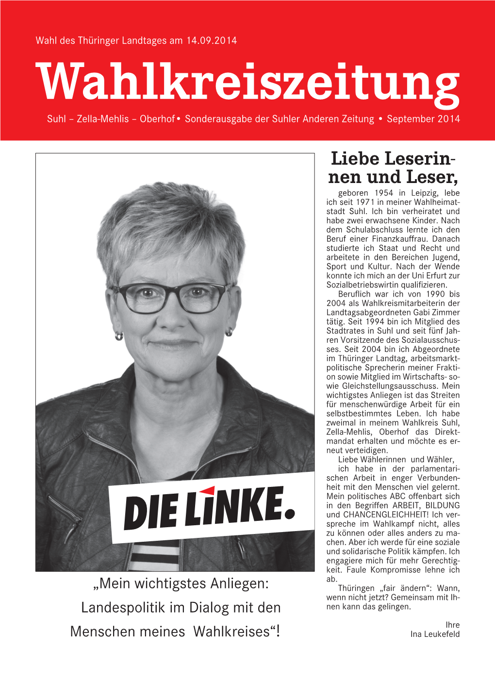 Wahlkreiszeitung Suhl – Zella-Mehlis – Oberhof• Sonderausgabe Der Suhler Anderen Zeitung • September 2014